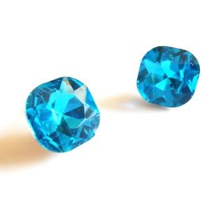 Crystal Cushion-Cut Aquamarine Blue Stud Earrings.